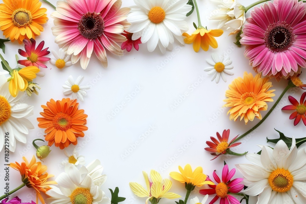 Obraz premium Assorted vibrant flowers arranged on white background. colorful flowers meticulously arranged on a white backdrop displaying a brilliant spectrum of colors and showcasing a variety of species
