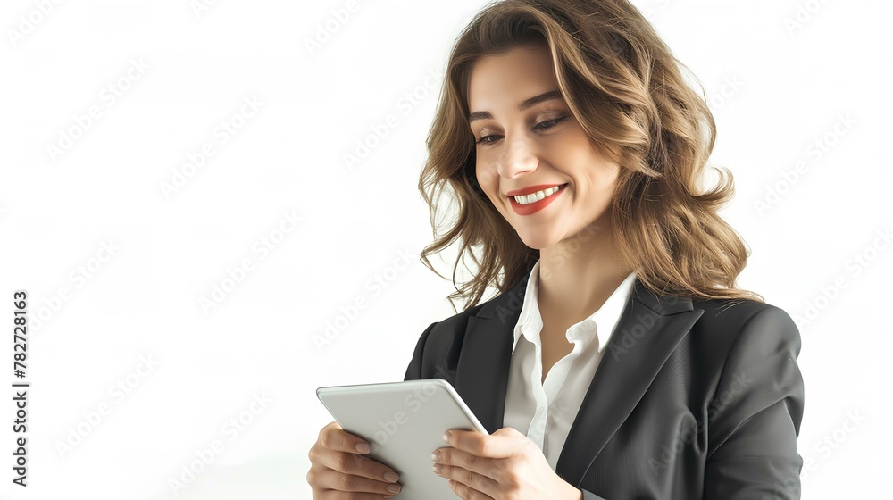Happy business woman using digital tablet isolated on white background. young female ceo executive wearing suit, businesswoman professional entrepreneur looking away at copy space. generative AI