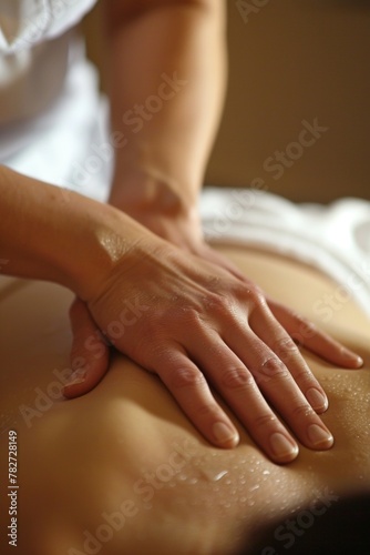A serene massage scene  hands gently kneading a persons shoulders  releasing tension under the soft glow of candles