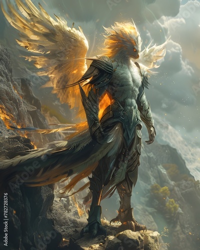 Majestic Winged Mutant Warrior Stands Tall on Dramatic Rocky Cliff in Fantastical Realm