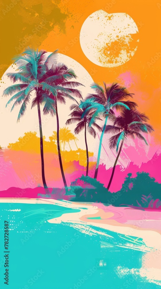 A vibrant desert oasis in pop art style, lush palm trees, turquoise water, simplified shapes