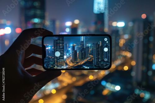 Explore the city from the palm of your hand with this captivating image of a cityscape popping up from a smartphone screen. AI generative.
