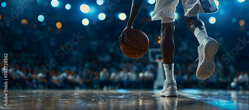 Basketball player in action on the court, African American, blurred background, with copy space photo