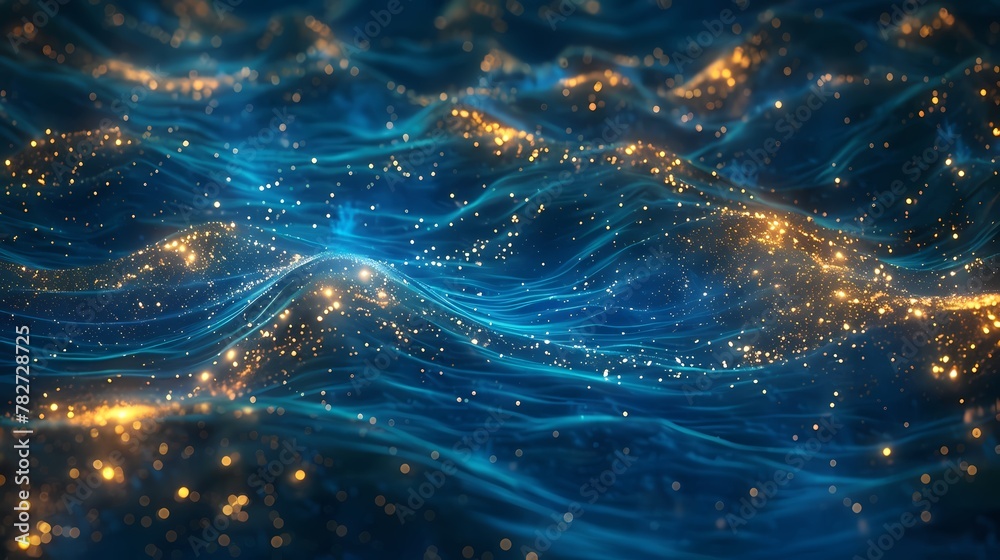 Obraz premium Digital abstract golden stars and blue river illustration poster background