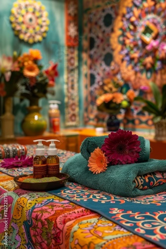 colorful towels, a patterned robe, a person receiving a massage with exotic floral oils