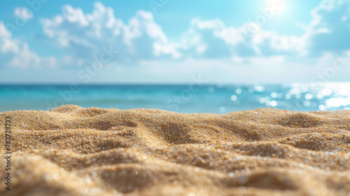 Transport yourself to a sunny shore with this captivating close-up of sand, set against a blurred sea and sky, evoking the essence of summer. AI generative.