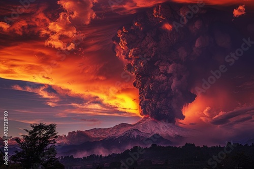 A volcanic eruption spewing lava and ash, a fiery display against a darkening sky