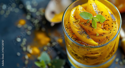 Experience the sophistication of high-end food photography as the Canon EOS R6 captures the modern elegance of fermented pumpkin slices with turmeric. AI generative. photo