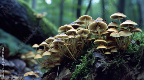 Experience the mesmerizing detail and vibrant colors of the forest's interconnected network of mushrooms, immortalized with Canon EOS 5DS R. AI generative. photo