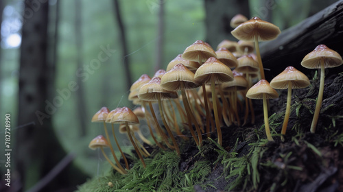 Explore the interconnectedness of nature through a network of mushrooms in the forest, shot with Canon EOS 5DS R and Fujifilm Velvia 50 film. AI generative. photo
