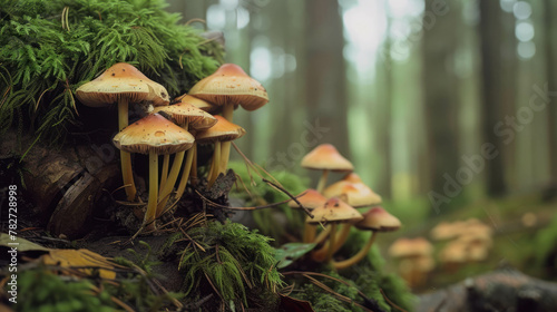 Delve into the intricate world of micellium and mushrooms in the deep forest captured with Canon EOS 5DS R and Fujifilm Velvia 50. AI generative. photo