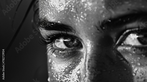 The glistening droplets of sweat dotted her forehead evidence of her intense workout. .