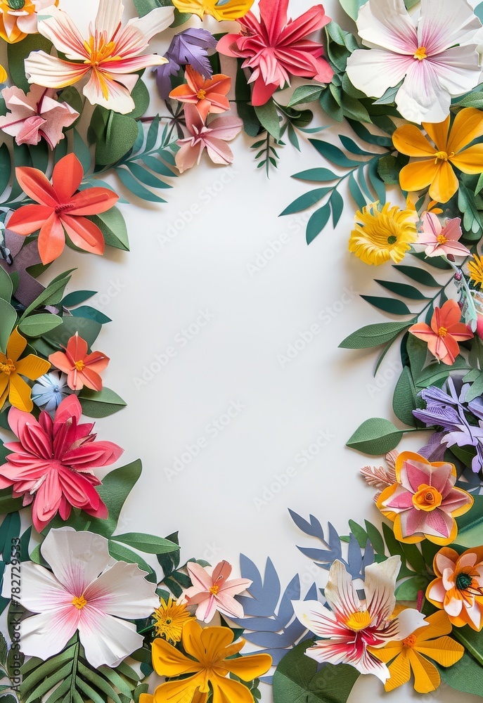 Fototapeta premium Assorted vibrant flowers arranged on white background. colorful flowers meticulously arranged on a white backdrop displaying a brilliant spectrum of colors and showcasing a variety of species