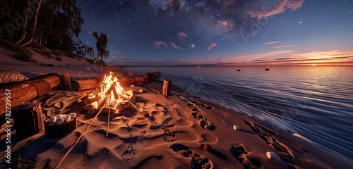 A remote beach at twilight, with a trail of footprints leading to a family-sized campfire set close to the water. 32k, full ultra HD, high resolution