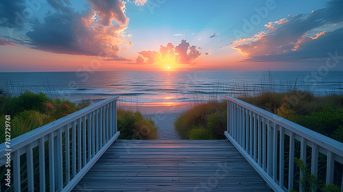 Walkway to ocean - sunset - golden hour - boardwalk - sea - beach - dunes - coast - holiday - vacation - getaway - escape 