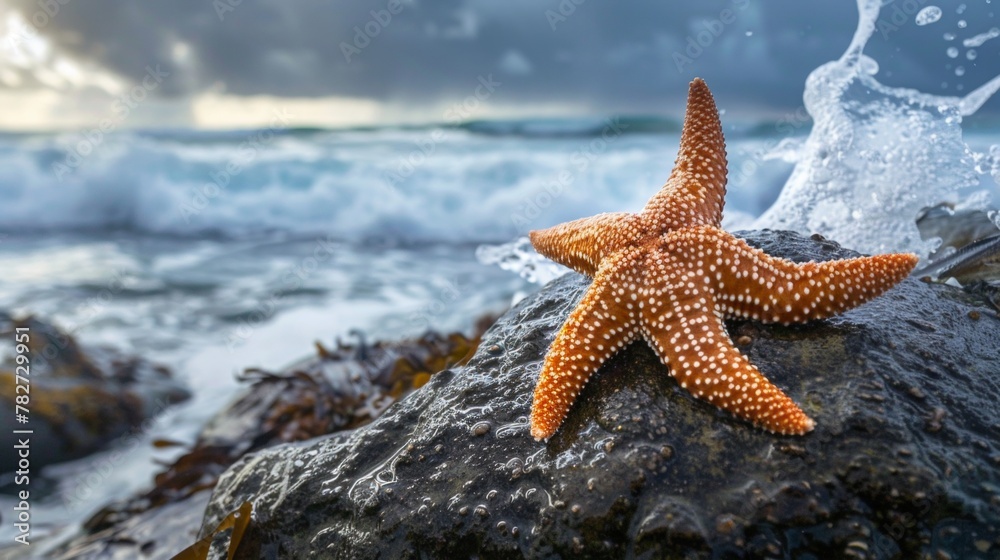 Close-up of a starfish clinging to a damp rock, with the ocean waves crashing in the background Close-up of a starfish clinging to a damp rock, with the ocean waves crashing in the background