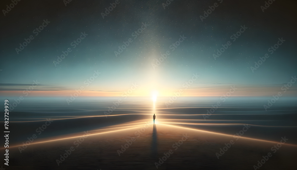 A lone figure standing before a vast, open landscape, looking towards a distant, shining light on the horizon.