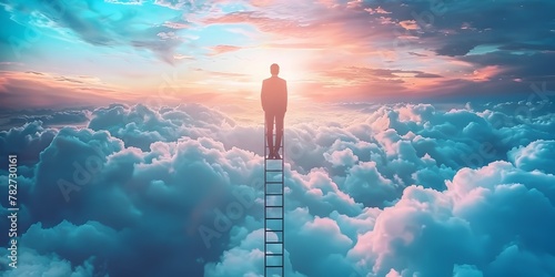 Ambitious Businessman Climbing Ladder Above Clouds Reaching for New Heights and Opportunities in Surreal Digital Landscape