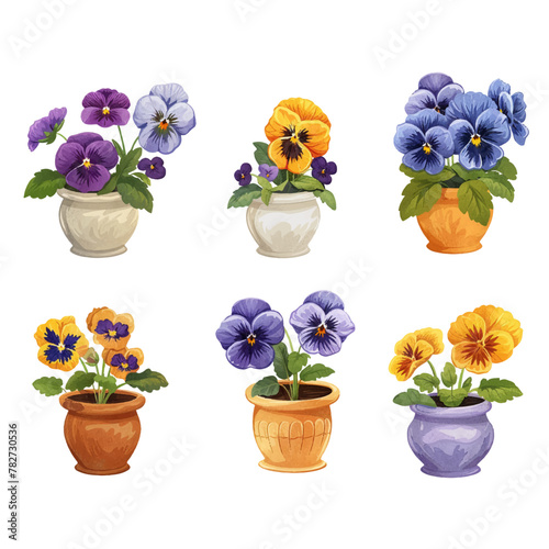 set of individual elements on a white background. flowers in pots in retro style. beautiful flowers.