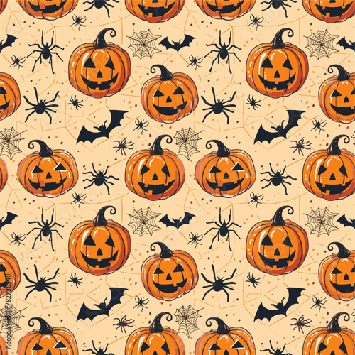 halloween seamless pattern. Halloween seamless pattern with pumpkins and spiders and bats. print for fabric and design.