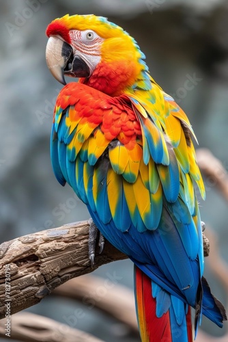 Macaw parrot with dazzling rainbow plumage, perched on a weathered branch