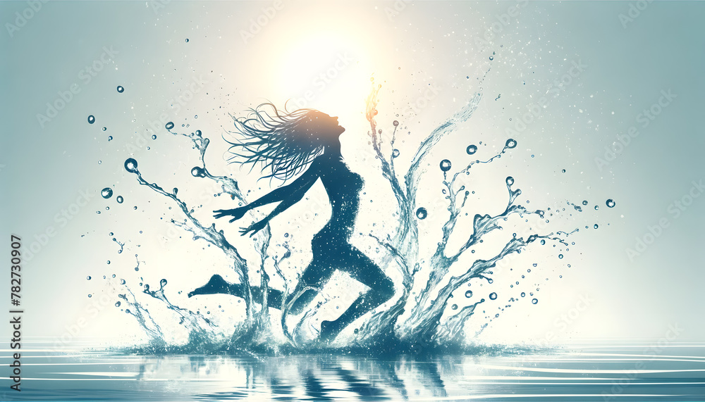 A silhouette of a woman, mid-motion, surrounded by splashes of water, symbolizing the blissful coolness against the backdrop of a hot day.