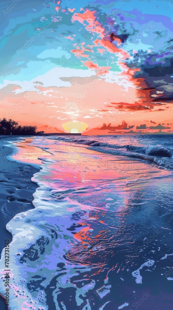 Realistic pop art scene of a deserted beach at sunrise, gentle waves, vibrant colors, bold outlines, stylized textures