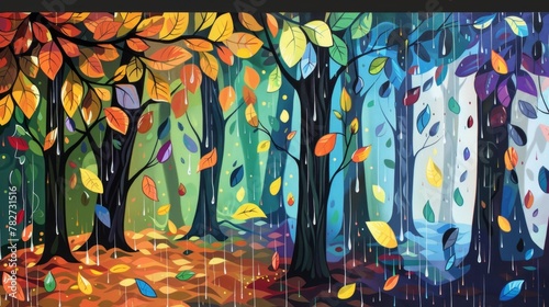 Realistic pop art scene of a forest clearing after a rainstorm  glistening leaves  vibrant colors  stylized raindrops