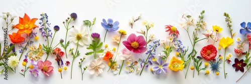 Assorted vibrant flowers arranged on white background. colorful flowers meticulously arranged on a white backdrop displaying a brilliant spectrum of colors and showcasing a variety of species