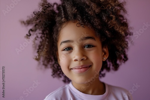 Close up portrait of a cute african american little girl with curly hair on a purple background © Igor