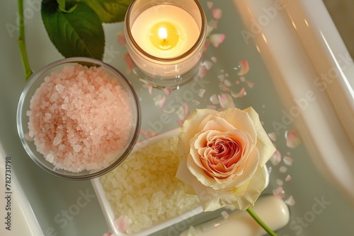 Top-view shot of a bath caddy with a glass of infused water, a single rose floating in a bowl, and a stack of bath salts beside a lit candle