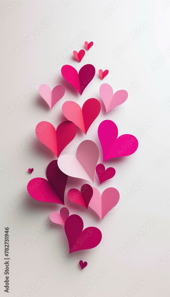 Get into the Valentine's Day spirit with a high-resolution 3D rendering of 'Happy Valentine's Day' text surrounded by cut-out paper hearts in Viva Magenta. AI generative technology adds dimension.