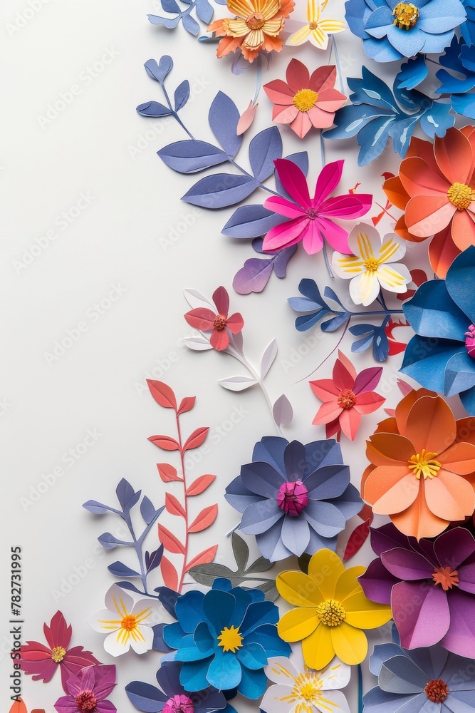Obraz premium Assorted vibrant flowers arranged on white background. colorful flowers meticulously arranged on a white backdrop displaying a brilliant spectrum of colors and showcasing a variety of species