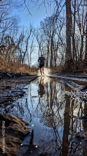 Trail runner splashes through a muddy puddle, reflecting the surrounding trees and sky