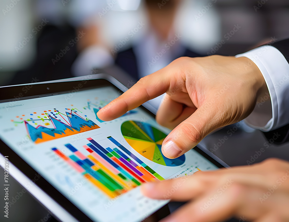 person analyzing data on a tablet, with a focus on the hand touching the screen displaying colorful charts and graphs. person analyzing data on a tablet, with a focus on the hand touching the screen displaying colorful charts and graphs.