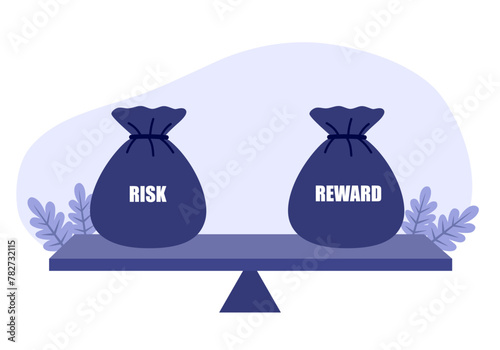 Risk and reward bags on a basic balance scale in equal position on wood table. risk management concept, depicts investors use a risk reward ratio to compare the expected return of an investment.