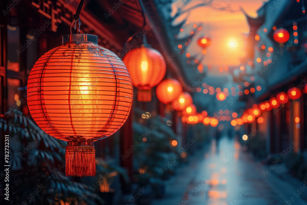 Embrace the beauty of Chinese tradition with vibrant red lanterns lighting up the evening street during New Year celebrations. AI generative technology adds depth to cultural moments.