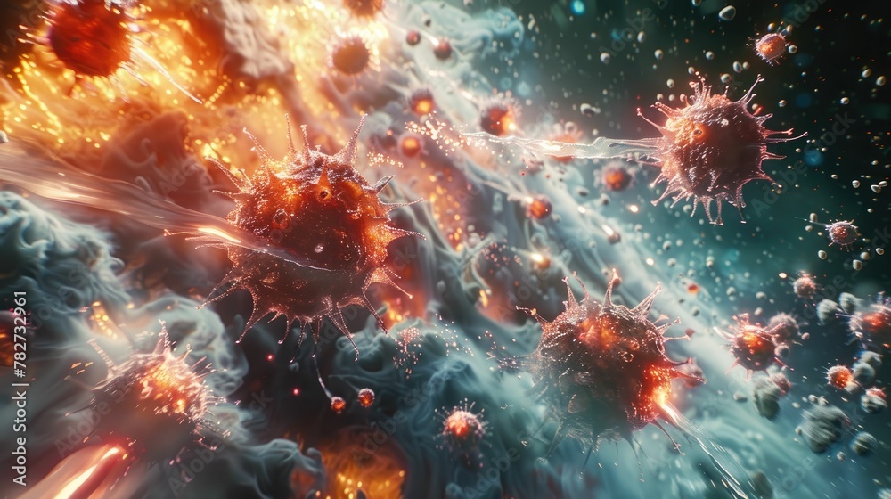 Immune system boost graphics, rendered in a hyper-realistic cinematic style, depicting the cellular battle with stunning visual effects Immune system boost graphics, rendered in a hyper-realistic cinematic style, depicting the cellular battle with stunning visual effects