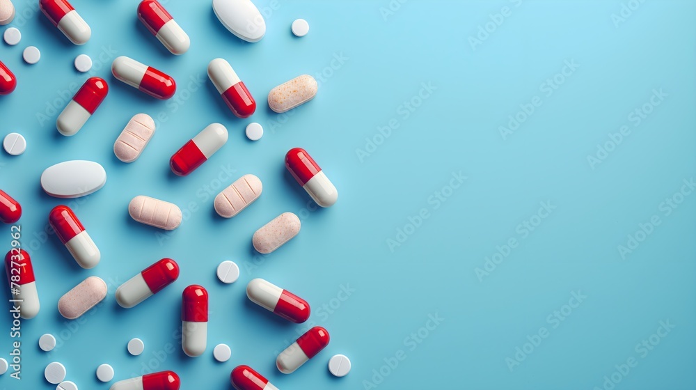 variety of pills and capsules on blue background - Top view with copy space, healthcare and medicine concept. 