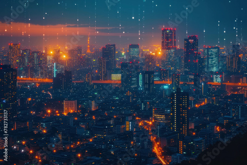 Explore the intricate details of a futuristic smart city and communication network, designed with 5G and IoT technology in mind. AI generative technology ensures ultra-realism in this 32k image.