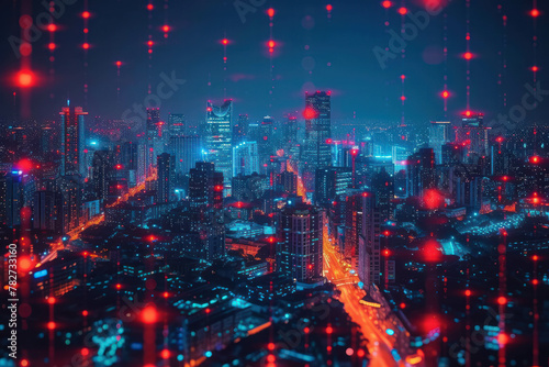 Discover the advanced infrastructure of a smart city with a robust communication network, showcasing 5G and IoT capabilities. AI generative technology enhances the realism of the concept.