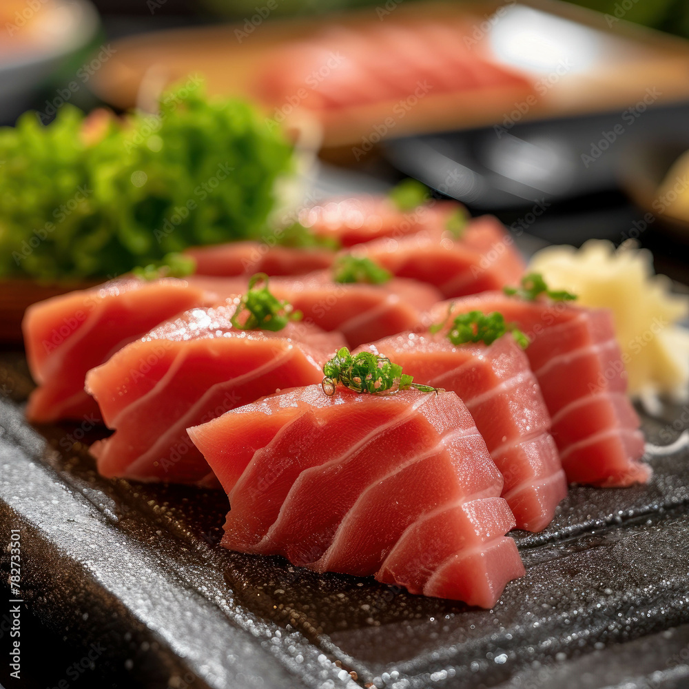 Experience the delicate allure of tuna sashimi in this breathtaking 30M macro lens photograph, featuring vibrant colors and precise texture. AI generative