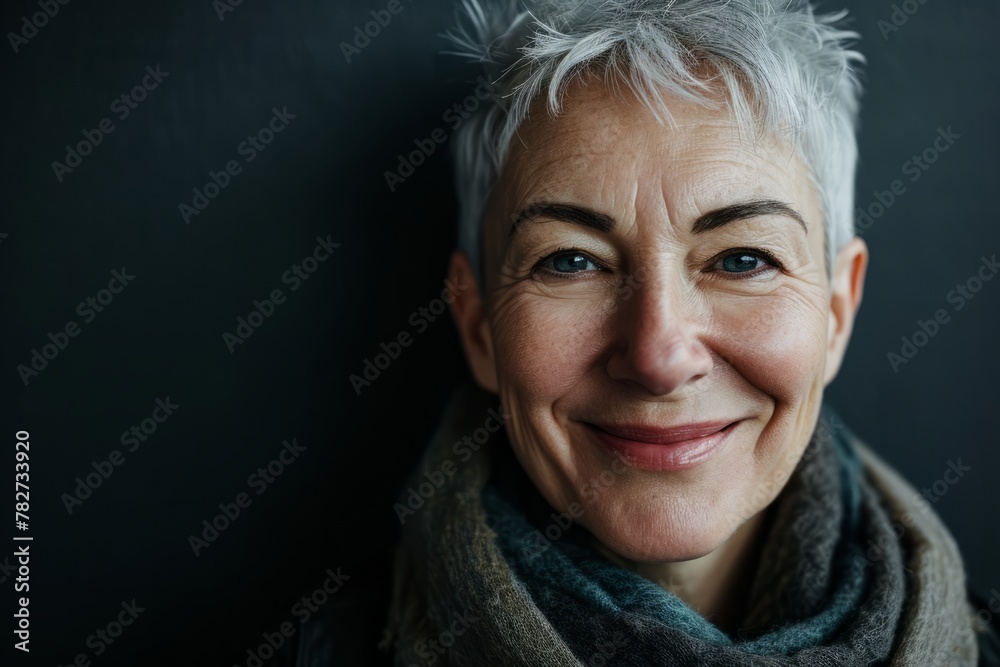 Portrait of a happy senior woman with grey hair and a scarf Portrait of a happy senior woman with grey hair and a scarf