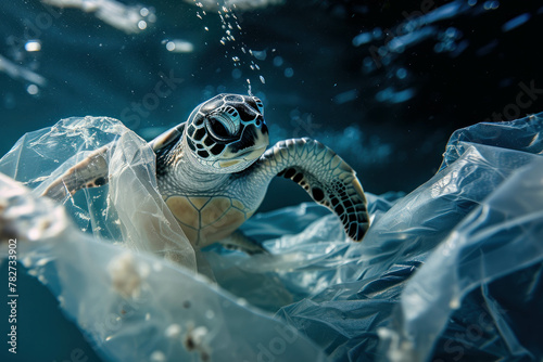 Dive into the depths of the ocean and confront the harsh truth of plastic pollution with this dramatic underwater photograph, showcasing a baby turtle trapped in a plastic bag. AI generative. photo