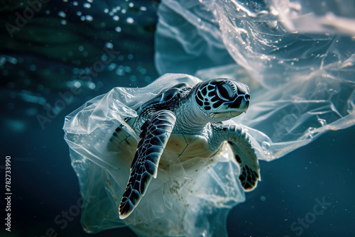 Dive into the depths of the ocean and confront the harsh truth of plastic pollution with this dramatic underwater photograph, showcasing a baby turtle trapped in a plastic bag. AI generative. photo