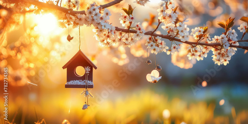 Transport yourself to a tranquil springtime oasis with this image of a white flowering tree adorned with a hanging birdhouse in a peaceful garden setting. AI generative