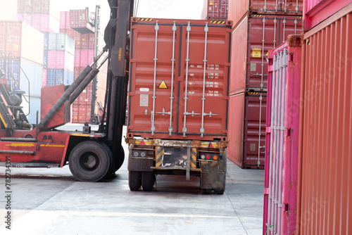 Forklift truck, cargo handling, container boxes in logistics shipping yard