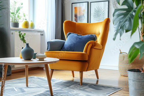 Explore the elegance of Scandinavian interior design with this image of a wing chair and rustic wooden coffee table, complemented by frames. Vibrant colors infuse life into the space. AI generative.