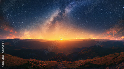 Landscape with Milky way galaxy. Sunrise and Earth view from space with Milky way galaxy.
