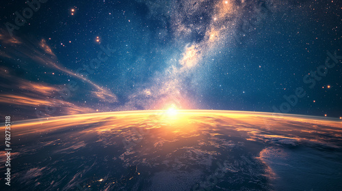 Landscape with Milky way galaxy. Sunrise and Earth view from space with Milky way galaxy.